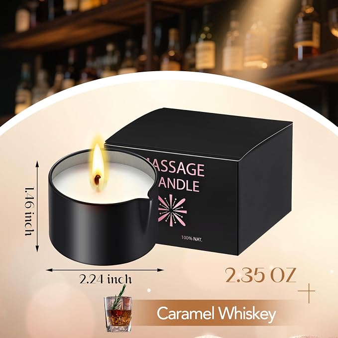 Nuanchu 2 Pcs 2.35 oz Massage Oil Candle, Ignite Low Temp Scented Body Oil Candles for Massage Therapy Soy Based Mother's Day Home Gift Spa Use, Caramel Whiskey