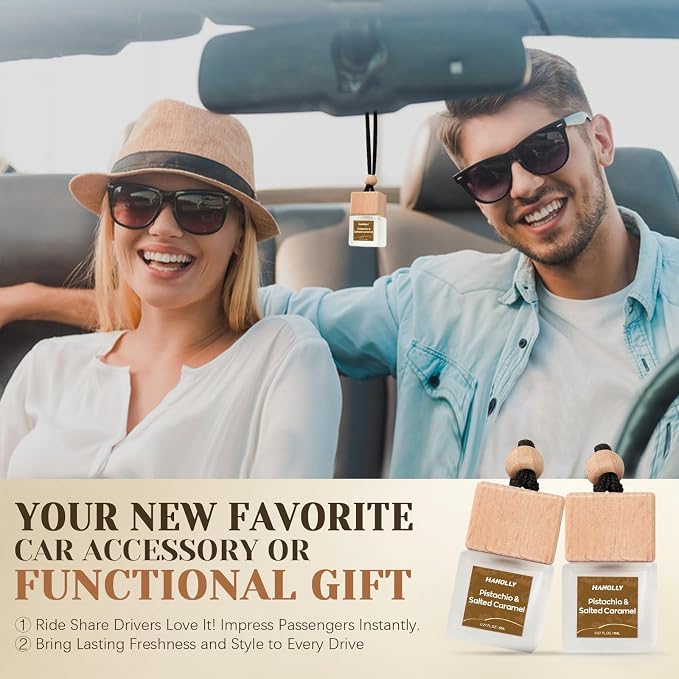 Hanolly Car Air Hanging Fragrance Oil, Car Auto Freshener for Essential Oils, Scents Fragrance Aromatherapy Automobile Diffuser, Long Lasting (Pistachio & Salted Caramel)