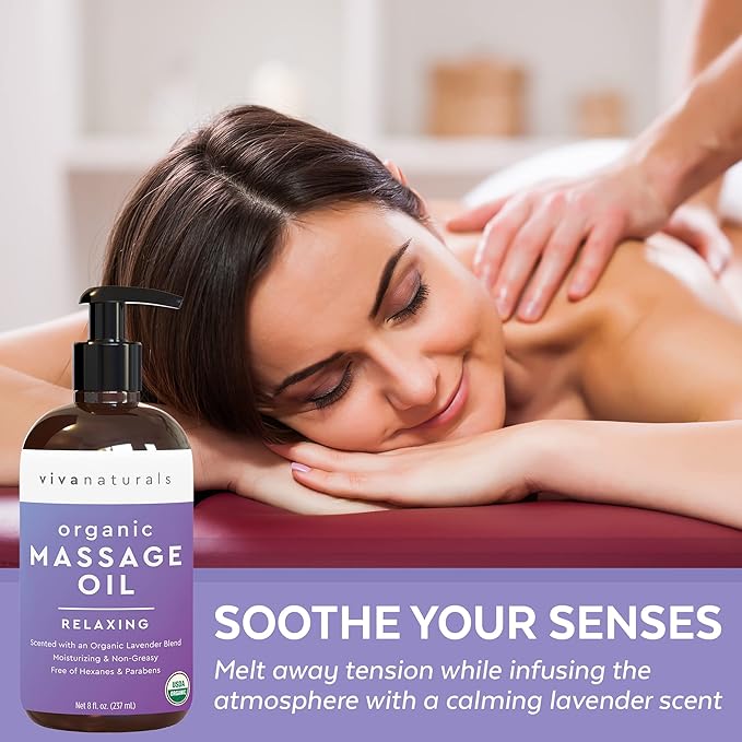 Viva Naturals Organic Massage Oil, Lavender Scented, 8 fl oz (237 mL) – Non-Greasy, Certified Organic Massage Therapy Oils