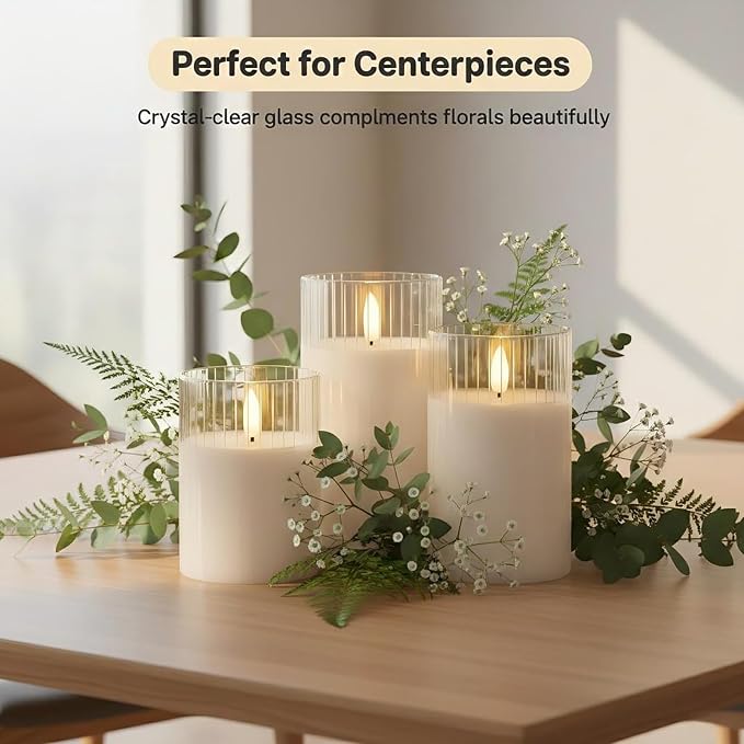 ANGELLOONG White Flameless Candles with Timer, Glass LED Pillar Candle with Remote, Set of 3 Battery Operated Candles for Bathtub Bathroom Coffee Table Decor