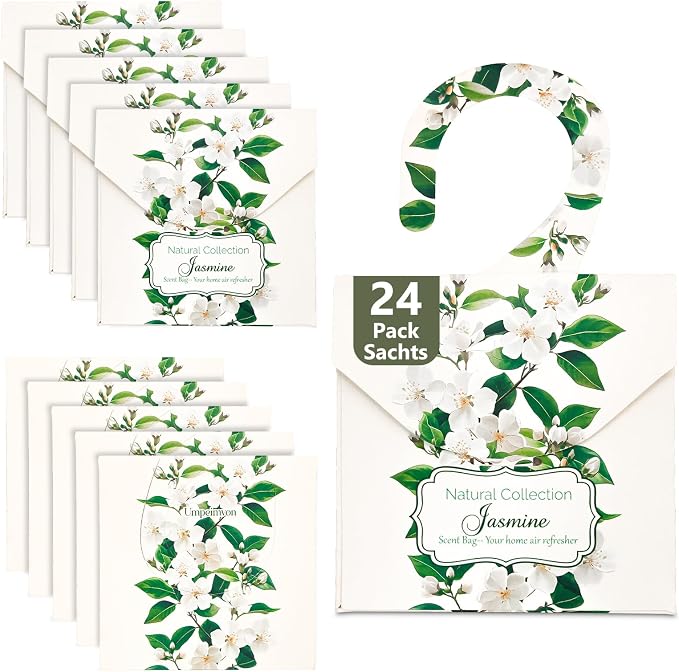 24 Pack Jasmine Sachets for Drawers and Closets, Lingering Jasmine Drawer Sachets Closets Freshener for Clothes Long Lasting