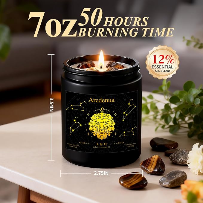 Leo Zodiac Candle | Astrology Birthday Gift for Women Healing Crystal Candles with Tiger Eye Crystals - Soy Candle, 7oz 50 Hour Burn, Spiritual Gift for Women, July August Birthday Candle