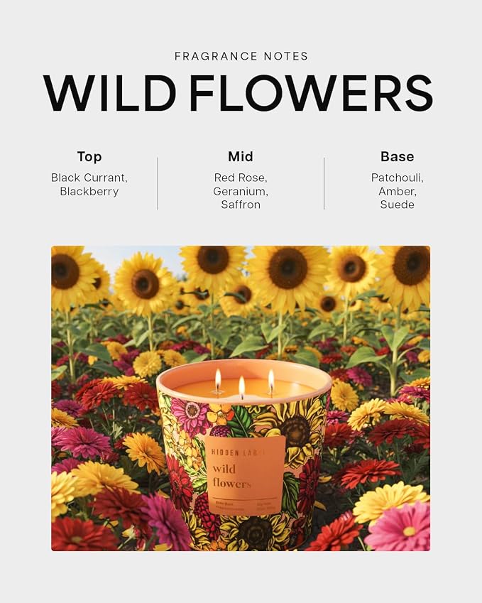 Hidden Label Wild Flowers Soy Candle, 30oz 3-Wick, 100H Botanical Floral | Non-Toxic Vegan Phthalate-Free | Peony Jasmine Fresh Greens Scent | Even Melt No Tunneling | Statement Decor Gift for Women