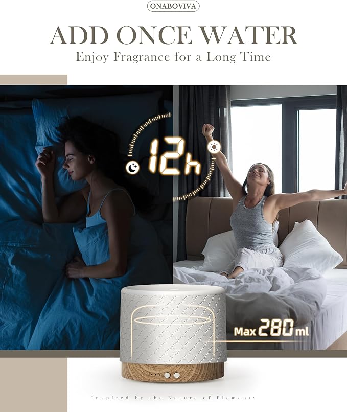 Essential Oil Diffuser - 280ml Ceramic Diffuser for Large Room & Commercial Use, 2.4MHz Aromatherapy Diffuser with Cool Mist Humidifier & Night Light, Ideal for Bedroom, Office, Yoga, Spa, Gifts