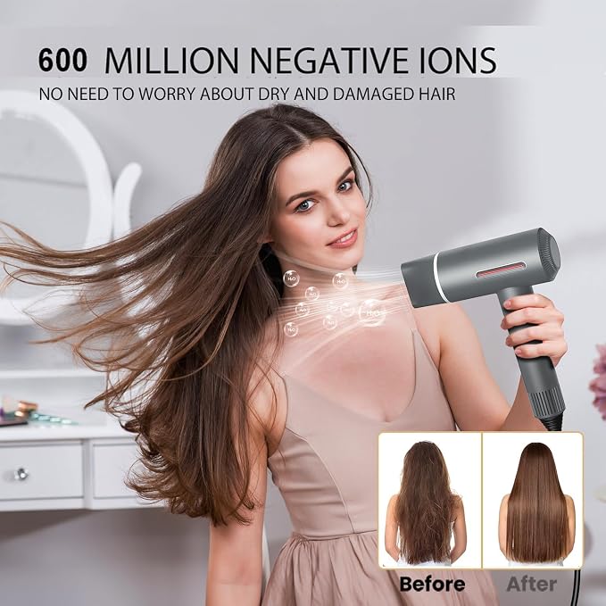 Hyper-Speed Hair Dryer, 180,000 RPM Brushless Motor for 1min Fast Drying, Dual Voltage Travel Blow Dryer with Diffuser & Concentrator, 600M Negative Ions for Frizz-Free Shine, HD Screen, Gunmetal