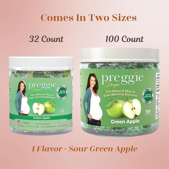 Three Lollies Preggie Drops Pregnancy Nausea Relief Drops with Essential Oils, Morning Sickness and Queasy Stomach Support for Pregnant Women, Green Apple, 100 Count