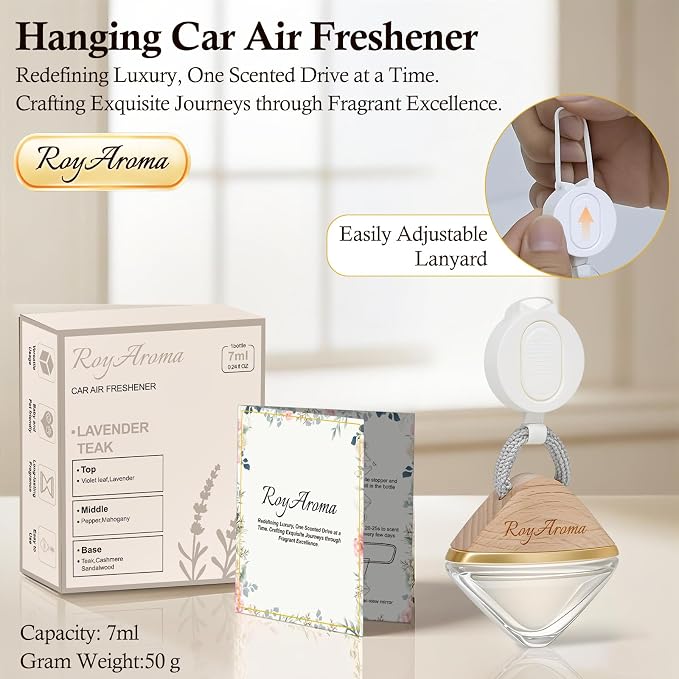 Royaroma Long Lasting Car Air Freshener | Non-Toxic Hanging Car Diffuser with Adjustable Rope | Plant-Based Essential Oil Scent for Cars Freshener | Teak