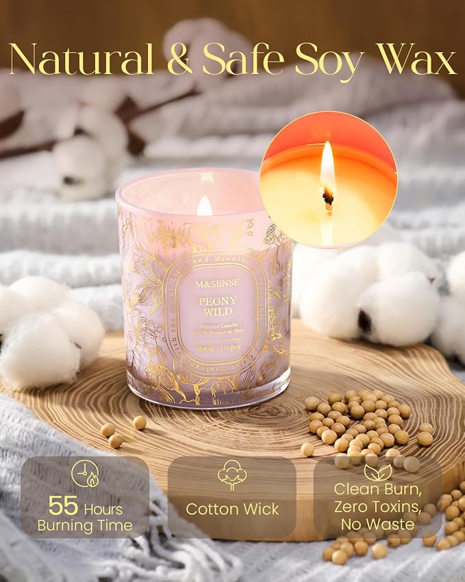 M&SENSE Wild Peony Soy Candle, Romantic Date Night 55H Long Burning Gift | Slow Burn Long Burning, Clean Soy Wax Cotton Wick, Romantic Dinner Rooms Ambiance, Spring Summer Floral, Reusable Matte Jar