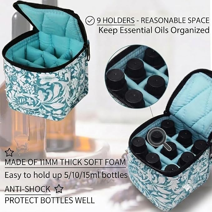 9 Bottles Essential Oil Carrying Case with Thick Foam Protection, Portable and Shockproof Organizer for 5ml to 10ml,15ml Bottles, Nail Polish, Roller Balls and Travel (Aqua Green)
