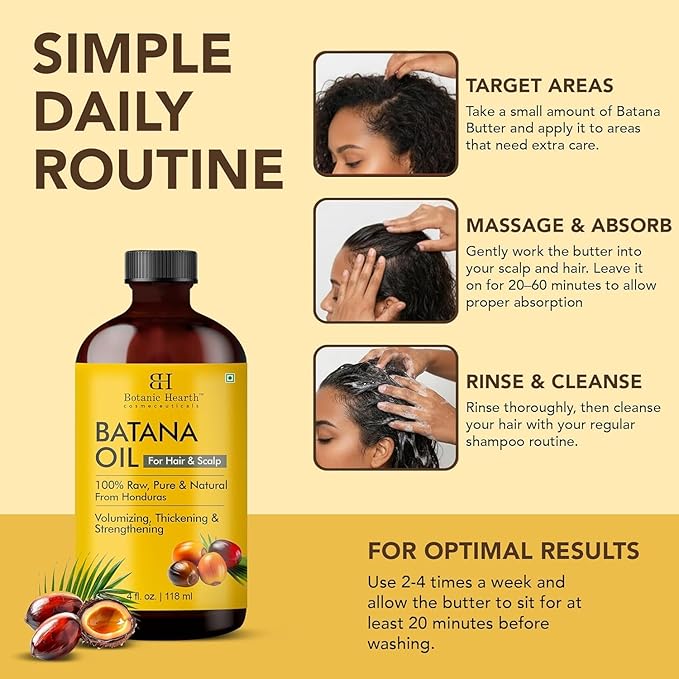 Botanic Hearth Batana Oil for Hair Growth & Hair Treatment Oils 4 Fl Oz | Dr Sebi Inspired, 100% Raw & Pure Batana Oil | Scalp & Hair Treatment for Thickness & Strength | All Hair Types
