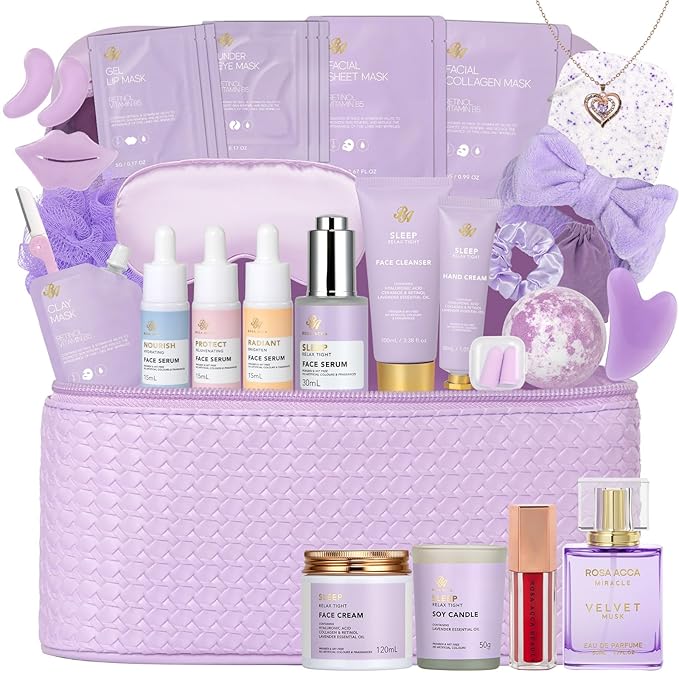 33 pcs Mother's Day Gift for Mom, Lavender Bath & Body Basket Gift Set for Women, Home Spa Kit, Face Sheet Mask Skin Care Gift Set, Cosmetic Bag, Necklace, Birthday, Christmas, Anniversary, Wife