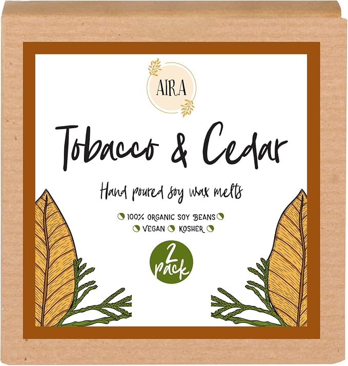 Aira Soy Wax Melt - Organic, Vegan, Kosher, Scented Soy Wax Cubes w/Essential Oil Blends - No Chemical 100% Soy Tart for Electric/Tealight Melters - Hand-Poured Soy Tarts - Tobacco & Cedar - 2 Pack