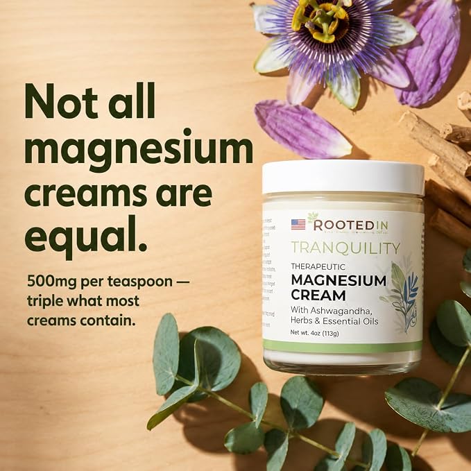 Rooted In 2X More Magnesium Cream – Stress Relief & Sleep with Ashwagandha – Calming Body Lotion for Women – Topical Magnesium Chloride, US Made – 4oz
