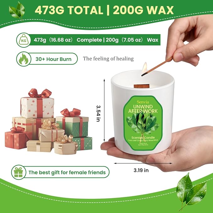 Crackling Wood Wick Candle - Soy Wax, Yuzu Citrus Scented, Non Toxic, Clean Burn for Home Office, Long Lasting for Small to Medium Rooms, Stress Relief