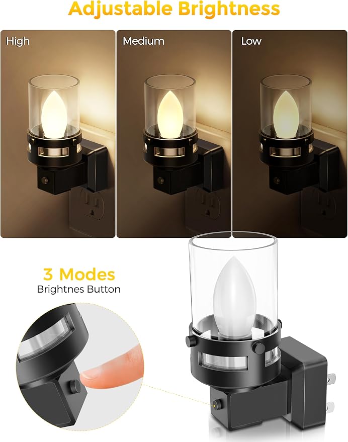 Briignite Candle Night Light Plug in [2 Pack], Vintage Night Lights Plug into Wall, LED Night Light with Dusk to Dawn Light Sensor, 3000K Warm White Candle Nightlight for Kids Hallway Bathroom Bedroom