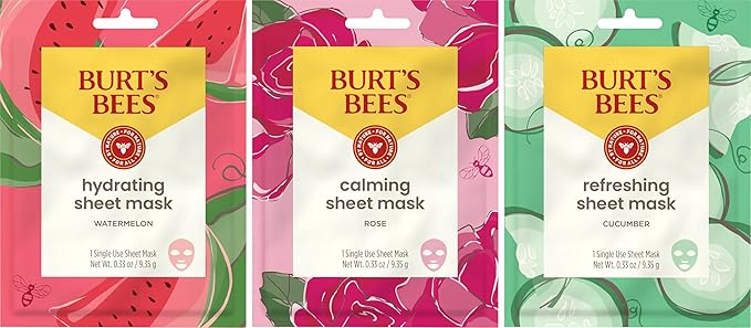 Burt's Bees Mothers Day Gifts, Face Mask Bundle Set, Hydrating Watermelon, Calming Rose, & Refreshing Cucumber, Face Sheet Masks for Single Use Skin Care, 99% Natural Origin, 3 Count, 0.33oz Each
