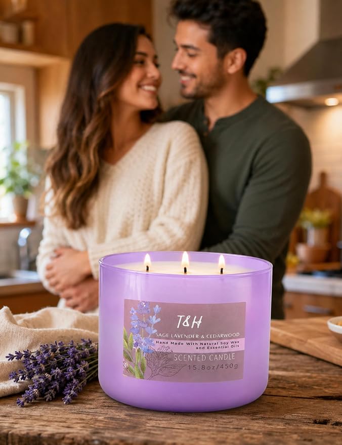 Sage Lavender Cedarwood 3-Wick Soy Candle, 15.8 oz Scented Candle for Home | Eucalyptus & Vanilla Notes, Aromatherapy Stress Relief, Highly Scented, Clean Burn, Bedroom & Bath, Gift for Women & Men