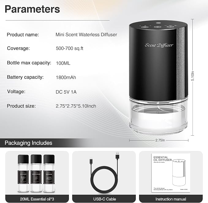 Waterless Essential Oil Diffuser Stater Kit - Included 3x20mL Essential Oils, Battery Operated, Cold Air Scent Diffuser for Home, Car, Office, Portable Diffuser with 7-Color Light, 100mL, Black