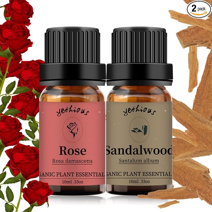 yethious Rose Sandalwood Essential Oil Set 100% Pure Aromatherapy Oils Kit Organic 2 Pack Perfume Oil Set