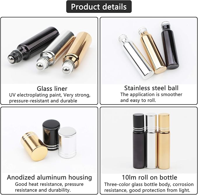 Kesell 6 Pack 3 color 10ml Glass Essential Oils Roller Ball Bottles Small Roll on Bottle Refillable Vial Storage Container with Stainless Steel Rollers for Essential Oil DIY Perfume Aromatherapy