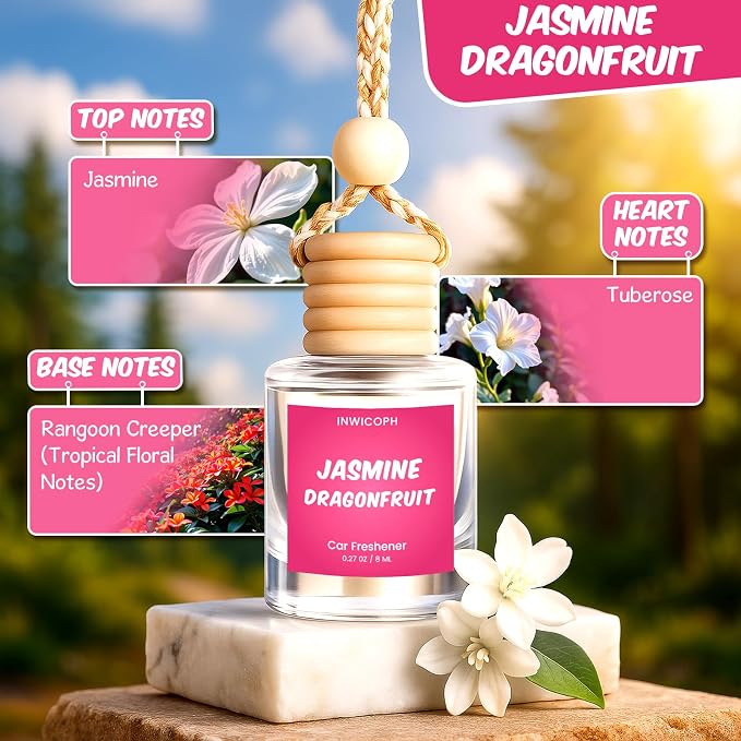 Premium Car Air Freshener Diffuser Set (2 Pack) - Jasmine Dragonfruit Fragrance Oil, 45+ Day Long-Lasting Hanging Auto Freshener