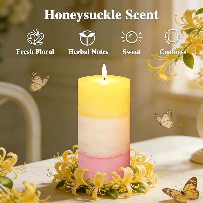Sweet Honeysuckle Scented 3x6 Inch Pillar Candles Yellow White Pink Layered Aesthetic Decorative Home fragrances Candle for Spring Living Room Bathroom Party Decor, Set of 3