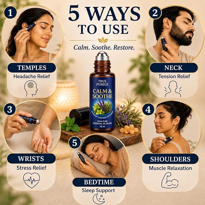 Soothe & Calm Essential Oil Roll On – Frankincense & Lavender Essential Oil Roller – Stress Relief Oil Roll On – 100% Pure Aromatherapy Calming Oils for Anxiety, Migraine & Sleep – 10ml TRUÉ PURSUÉ