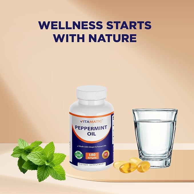 Vitamatic Peppermint Oil Gel with Ginger & Fennel Oils, 550mg per Serving, 180 Softgels