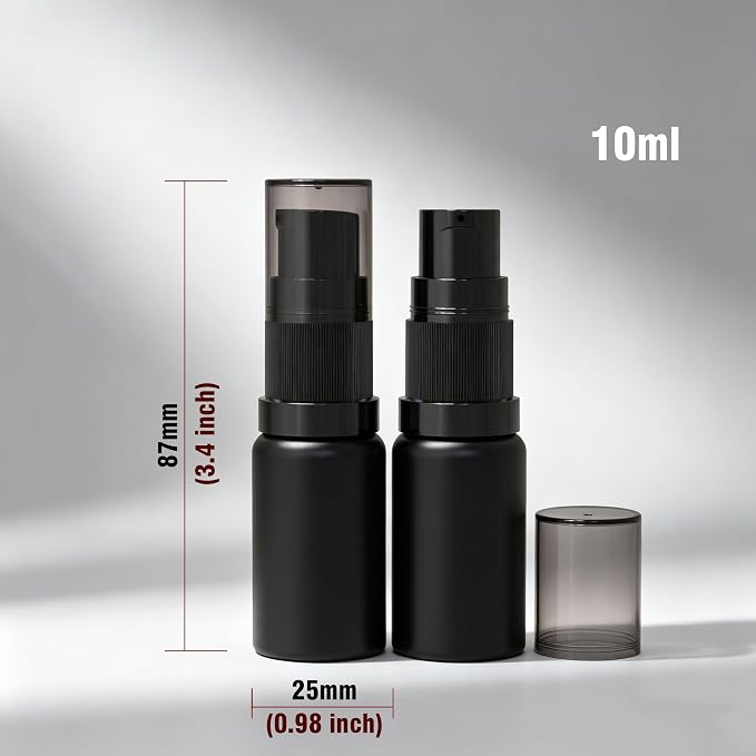 10ml Empty Glass Pump Bottle Dispenser 6 Pack,Black Travel Refillable Bottles Dispenser for Lotion Cream Essential Oil Shampoo, Small Cosmetic Containers 1/3oz (10ml Black 6pcs)