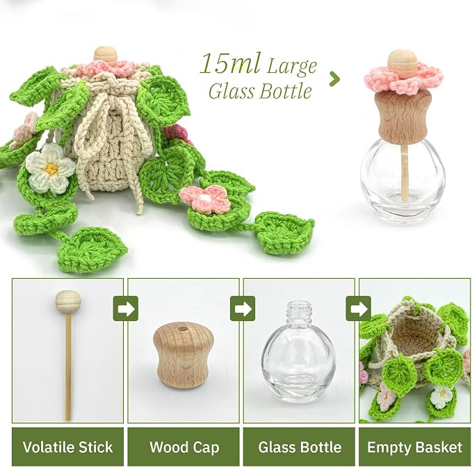 Crochet Car Air Freshener, 15ml Empty Refillable Oil Diffuser Bottle with Hanging Crochet Flowers Plant for Car Rearview Mirror Decor Air Freshener Diffuser for Home, and Office Decor(Flowers)