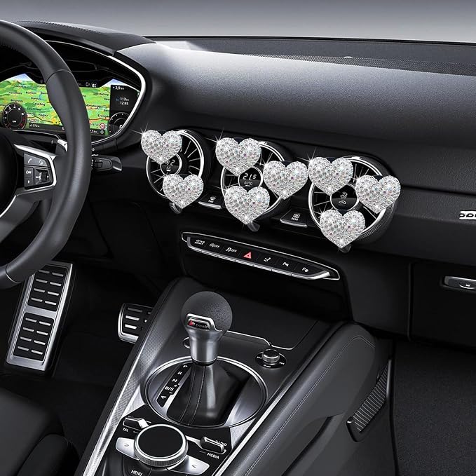 8 Pcs Bling Heart Air Vent Clips, Crystal Car Fresheners, Diffuser With Rhinestone Decoration, Cute Interior Accessories for Women Girls (Silver)