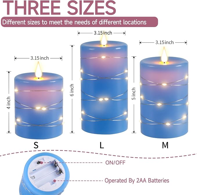 Upinmz Flickering Flameless Candles with Embedded String Lights, Battery Operated Candles with Remote Control and Timer,LED Candles for Home Decoration,Real Wax, 3 Pack Blue