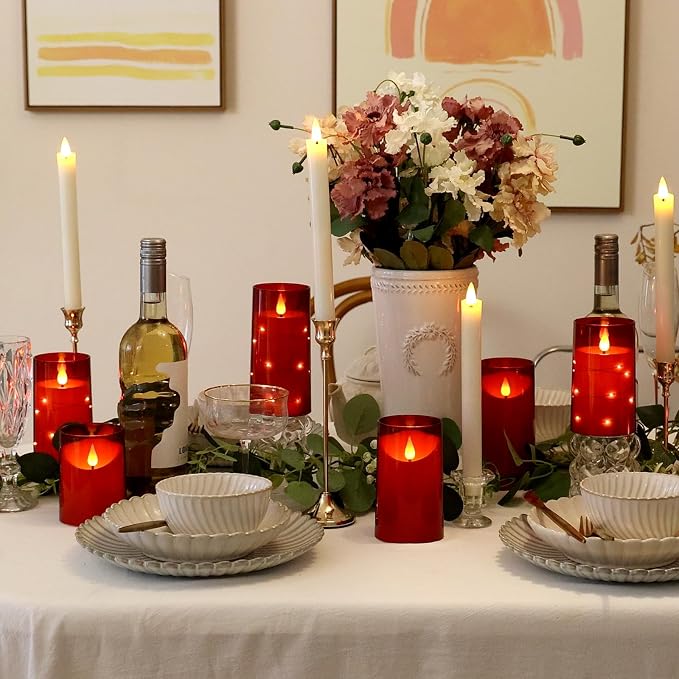 NURADA Flameless Candles with Remote Timer: 3D Wick Battery Operated Led Pillar Fake Candle Set for Wedding Birthday Valentine's Day Christmas Decorations - Red 3 Pack
