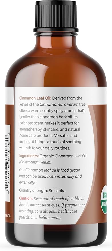 Viva Doria Cinnamon Leaf Essential Oil, USDA Certified Organic Cinnamon Leaf Oil, 100% Pure, Natural Essential Oil, Undiluted, for Aromatherapy | Food Grade, 118 mL (4 Fluid Ounce)