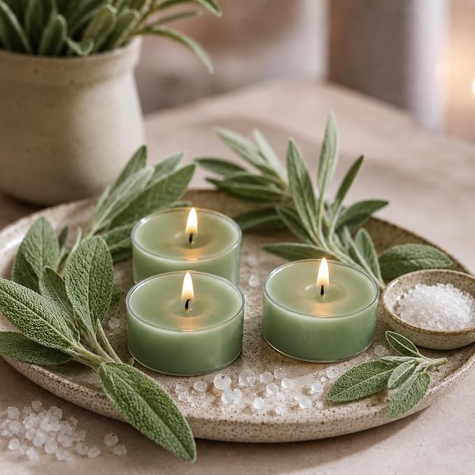 Sea Salt & Sage Scented Tealight Candles, Blue Scent Tea Lights Candles Clear Cup, 24 Pack Colored Tealights Candle, 6 Hour Burn Time Tea Candles for Party, Decor, Spa, Shabbat