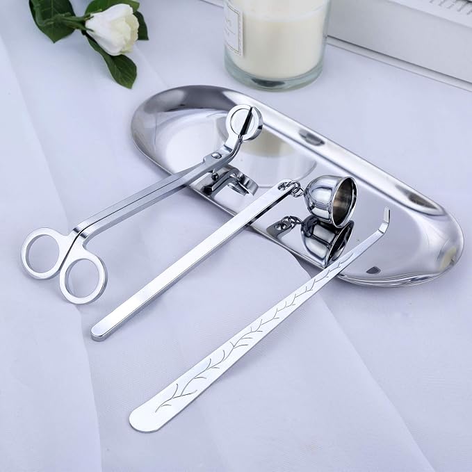 MUXSAM 4 in 1 Candle Accessory Set, Candle Wick Trimmer, Candle Snuffer, Wick Trimmer, Candle Wick Dipper, Storage Tray Plate, Candle Care Tools Gifts for Candle Lovers(Silver)