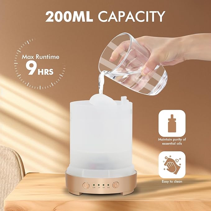 Essential Oil Diffuser for Home- 200ml Aromatherapy Diffuser for Essential Oils with 4 Timer, 7 Color LED Lights Waterless Auto Shut-Off for Home Office Décor Gifts for Women