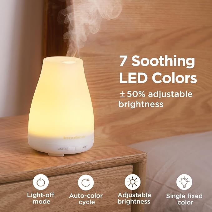InnoGear Essential Oil Diffuser, 2 Pack Ultrasonic Diffusers for Home Aromatherapy Humidifier for Bedroom Room 7 Colors LED 2 Mist Mode Auto Off, Basic White
