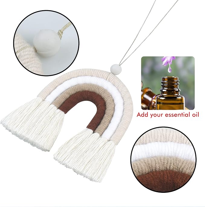 BOHO GARDEN Macrame Bohemian Rainbow Charm - Essential Oil Diffuser for Cars, Baby Nursery, Children’s Bedroom & Home Decor- Colorful Decorative Hanging Air Freshener & Accessories - 3.5x4 - Latte