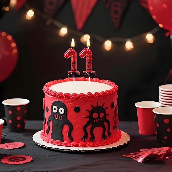 Red Number 11 Birthday Candle for Cake – Dark Horror Style with Alphabet Print & Shadow Design – Unique Cake Topper for Birthday, Anniversary, Themed Party Decoration