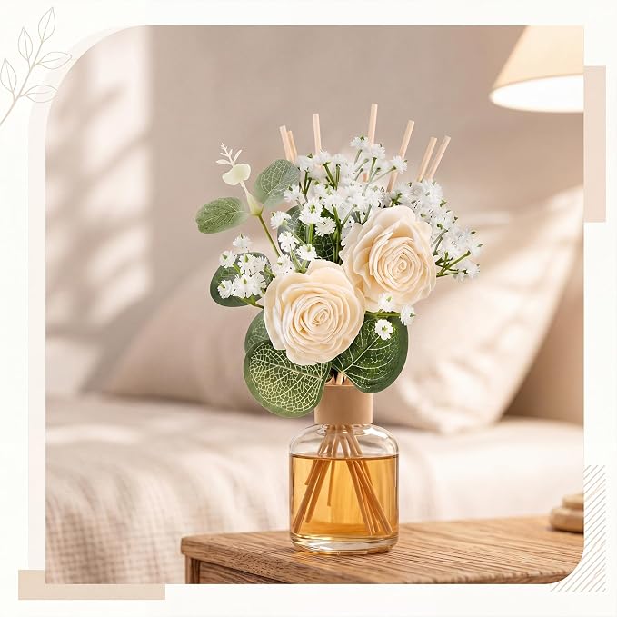 XunYee 33 Pcs Reed Diffuser Set Include Flowers and Sticks，Sola Flowers with Eucalyptus and Gypsophila Oil Diffuser Sticks Aromatherapy for Home Decor Bathroom Decor (Rose, Lotus, Chrysanthemum)
