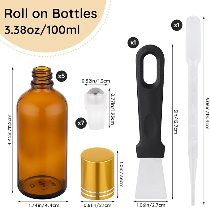 Segbeauty 3.4oz Thick Amber Glass Roller Bottles for Oils, 5pcs Large Empty Roll On Bottles for Perfume Massage Castor Essential Oil, 100ml Refillable Eye Essence Roller Ball Applicator with Dropper