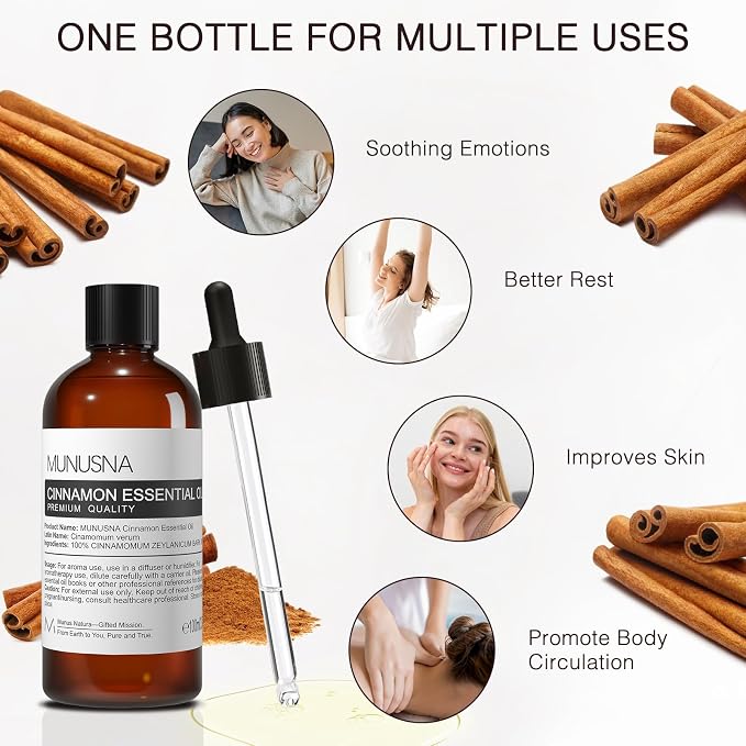 Cinnamon Essential Oil 100ML, 100% Pure Natural Cinnamon Oil Premium Grade Aromatherapy Oil for Hair Face Skin Body Care, Diffuser, Massage, Home, Soap and Candle Making