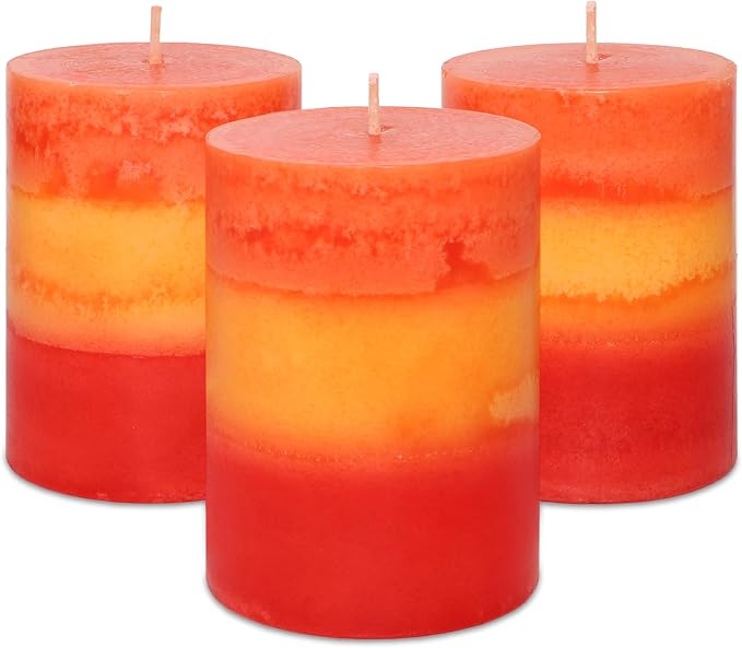 3x4 Inch Pillar Candles 3 Pack Rustic Orange Handmade Layered Clean Burning Pumpkin Spice Scented Candles Fall Harvest Aesthetic Halloween Decorative for Home Dinner Table Decor