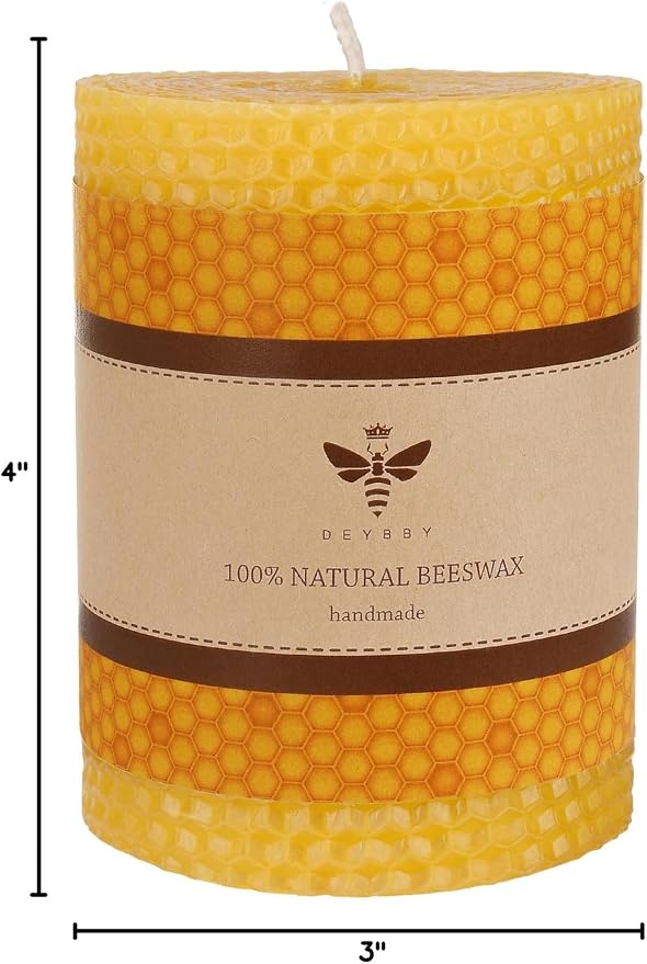 DEYBBY 3×4 in Beeswax Pillar Candle - Handmade Pure Organic Beeswax Honeycomb Rolled Candle for Home Study Decor Housewarming GFT