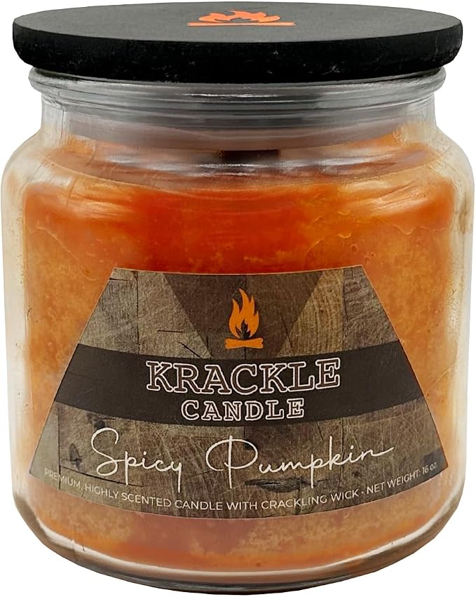 Krackle Candle | Spicy Pumpkin | 16 oz Scented Candle with Natural Crackling Wooden Wick | Poured in the USA | Pumpkin, Cinnamon & Vanilla Bean Fragrance