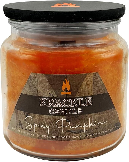 Krackle Candle | Spicy Pumpkin | 16 oz Scented Candle with Natural Crackling Wooden Wick | Poured in the USA | Pumpkin, Cinnamon & Vanilla Bean Fragrance