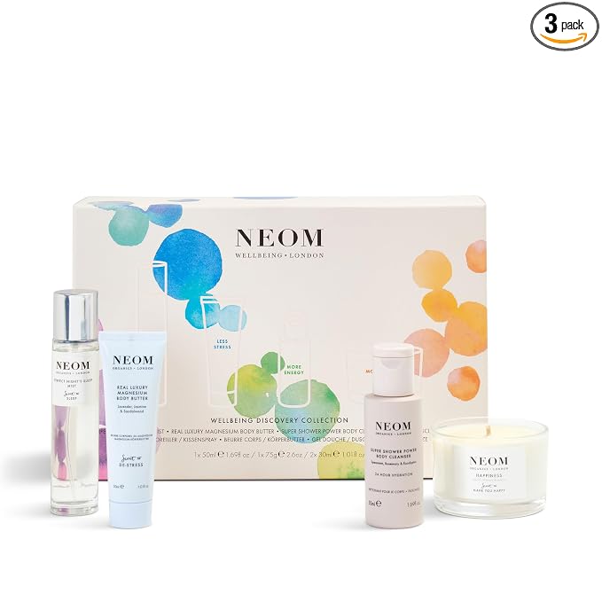 NEOM- Wellbeing Discovery Collection | Perfect Night's Sleep Pillow Mist, Happiness Travel Candle, Real Luxury Magnesium Body Butter & Super Shower Power Cleanser | Gift Set