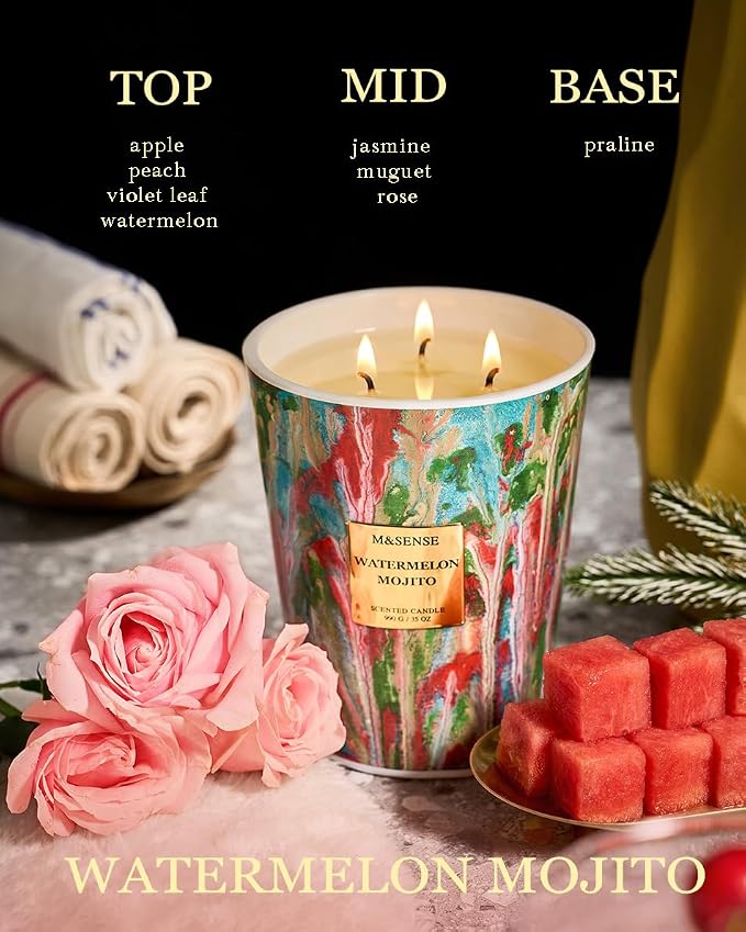 M&SENSE Large Watermelon Scented Soy Candle | 35oz, 150 Hours, 3-Wick Clean Burning, Natural Summer Candles, Family-Friendly Housewarming Gift