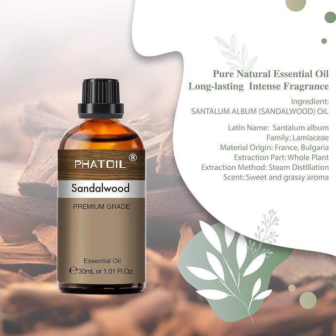 Sandalwood Essential Oil, 1.01Fl.Oz (30ML) PHATOIL Pure Essential Oil Singles for Aromatherapy Diffusers, Humidifiers, Great for DIY Candle and Soap Making, Gift for Friend
